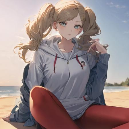 38980-1577511901-1girl, takamaki ann, wearing school wear, a jacket with hoodie, red leggings, sitting on beach looking at camera, (masterpiece),.png